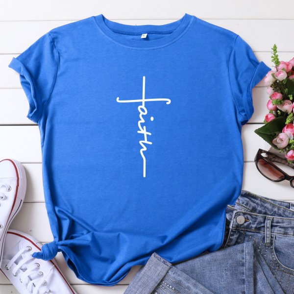 Colorful Fashion Hot Sale Women's Tops Cross Faith Graphic Printed Casual Short Sleeve T-Shirt