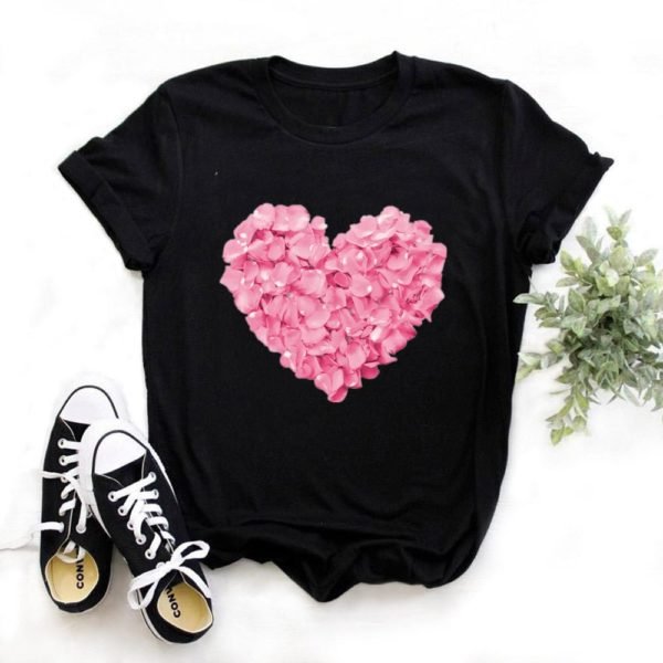 Heartbeat Lady Feather Crew Neck Printed T-Shirt Short Sleeve