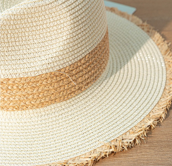 Retro Colorblock Raw Edge Sunscreen Straw Hat