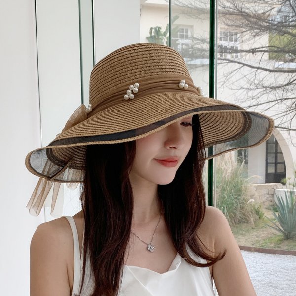 Women's Summer New Mesh Pearl Sunscreen Casual Straw Hat